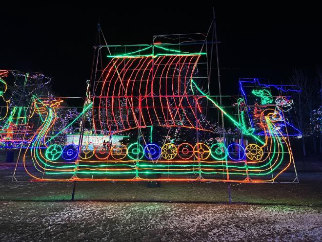 A Viking longboat in Christmas lights