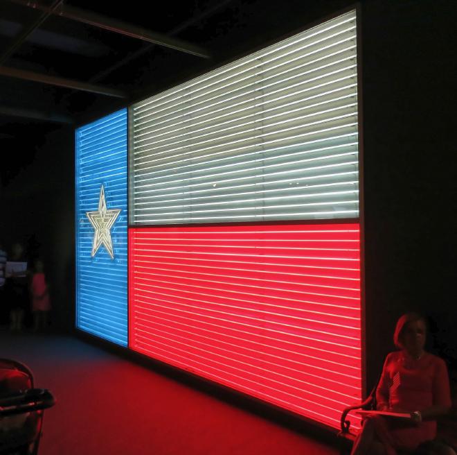 A giant neon Texas flag