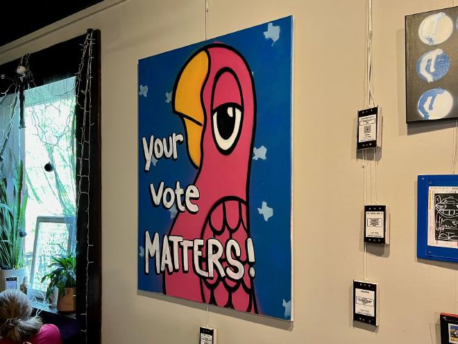 A Drib painting featuring the text 'Your vote matters'