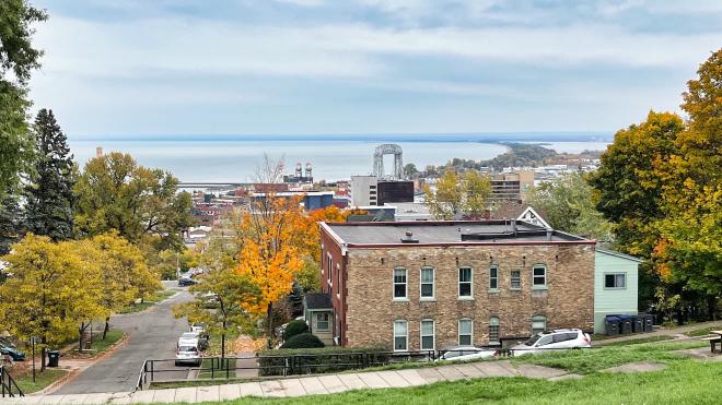 Looking downhill towards Duluth's port and lift bridge.